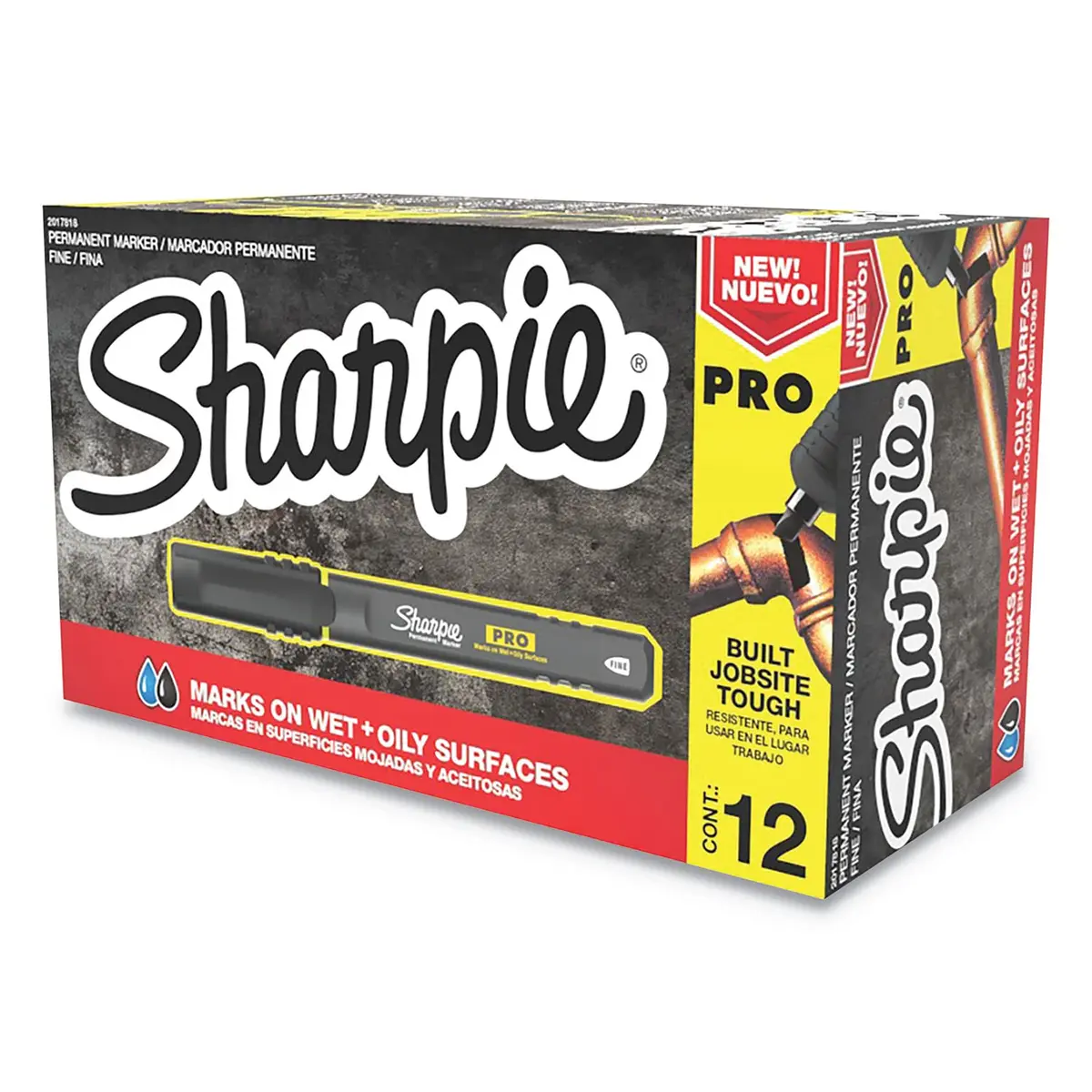 Sharpie Pro Permanent Markers, Anti-Roll Barrel, Fine Tip, Black, 12 Count | Marks on Wet & Oily Surfaces - main product image