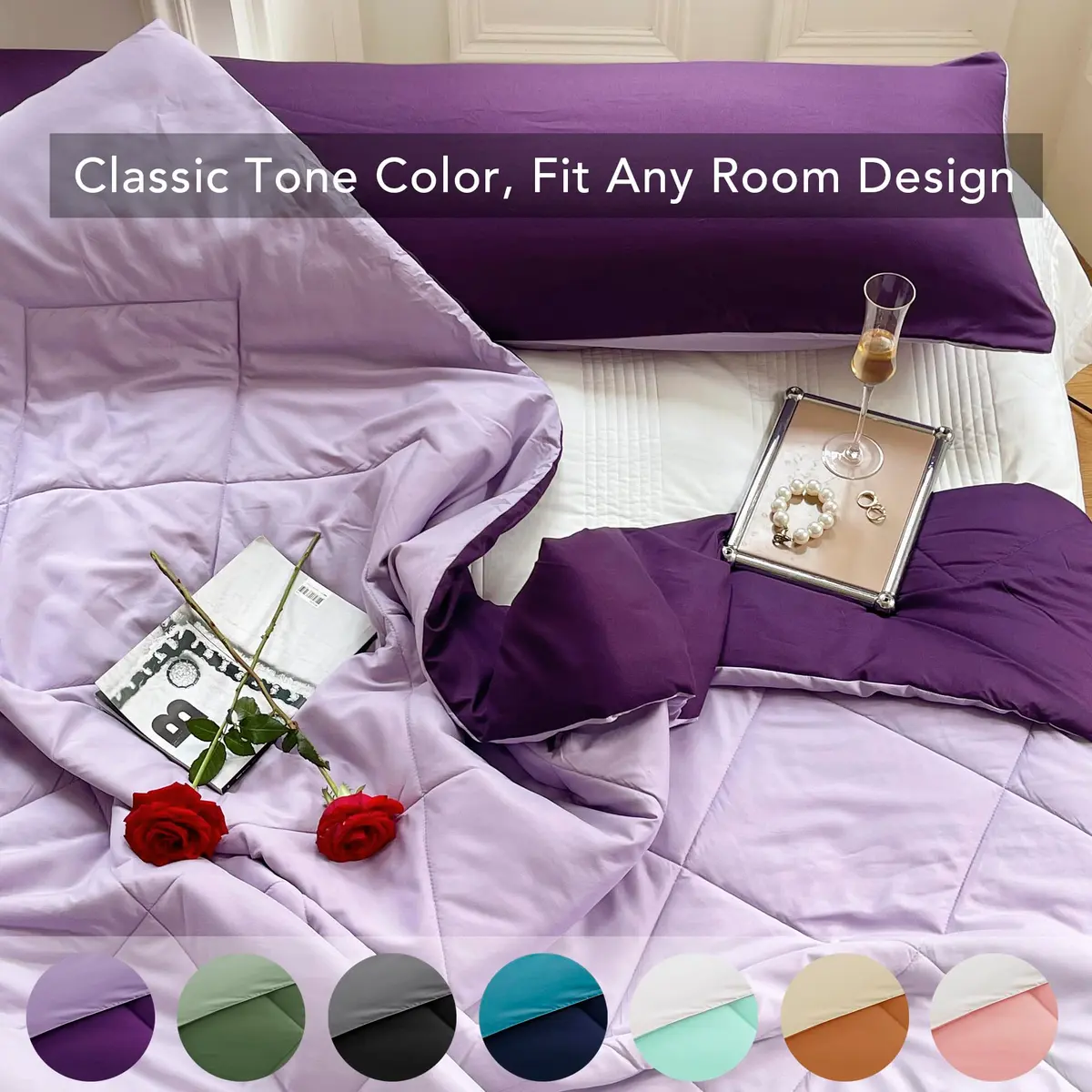 Seward Park Full Queen Size Reversible Comforter Plum Purple | All Season Bedding - view 4