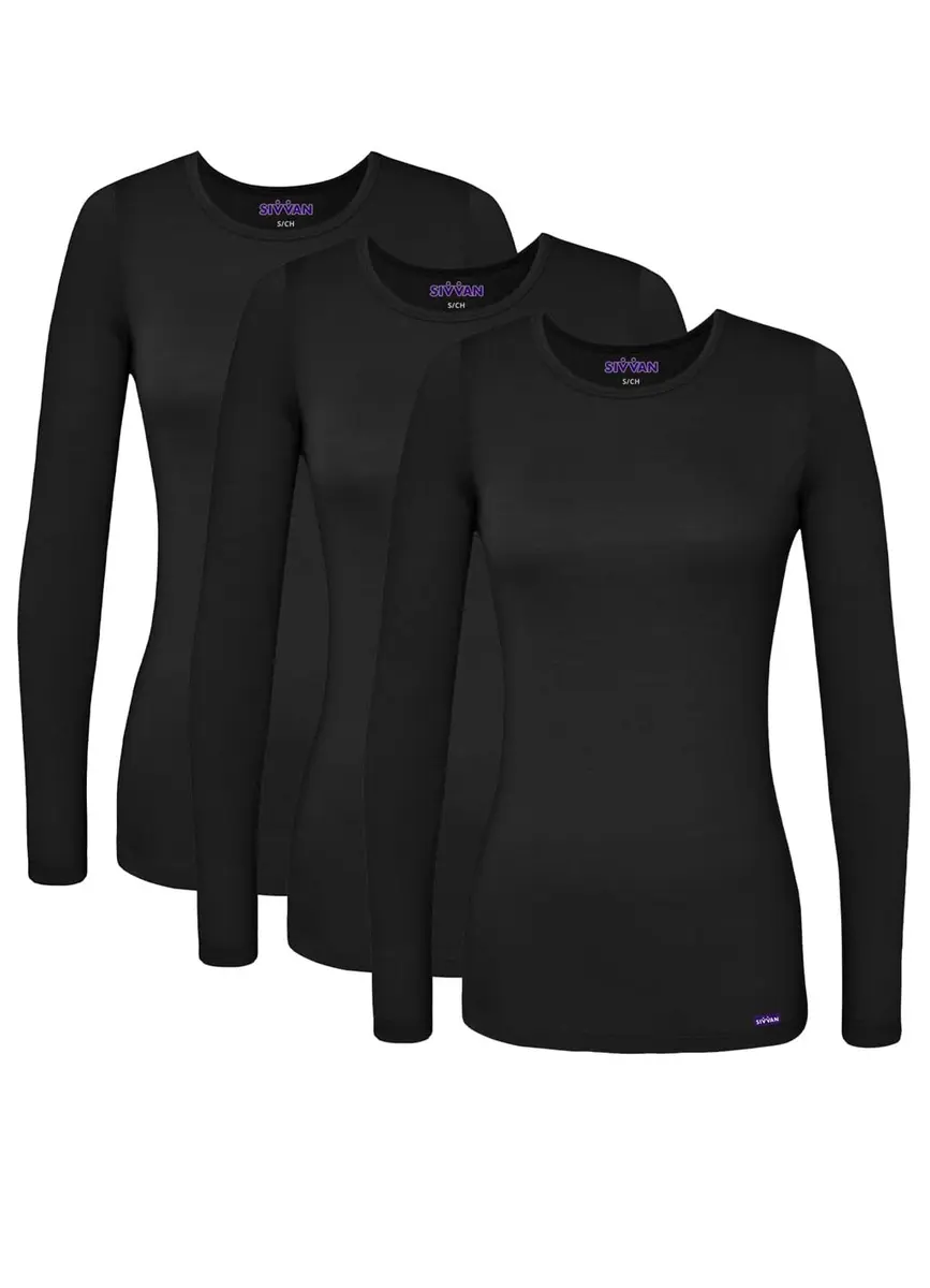 Sivvan Long Sleeve Comfort Underscrub Tee 3-Pack | Classic Fit, Tagless Crew Neck, Black, M - main product image