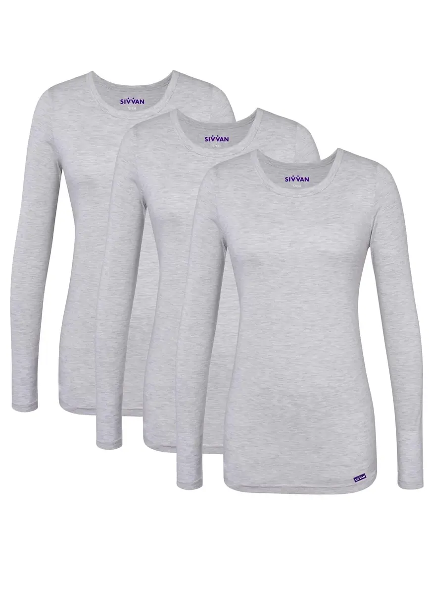 Sivvan Scrubs for Women - Long Sleeve Comfort Underscrub Tee 3-Pack - Marl Gray - XL | Classic Fit, Tagless Crew Neck - main product image