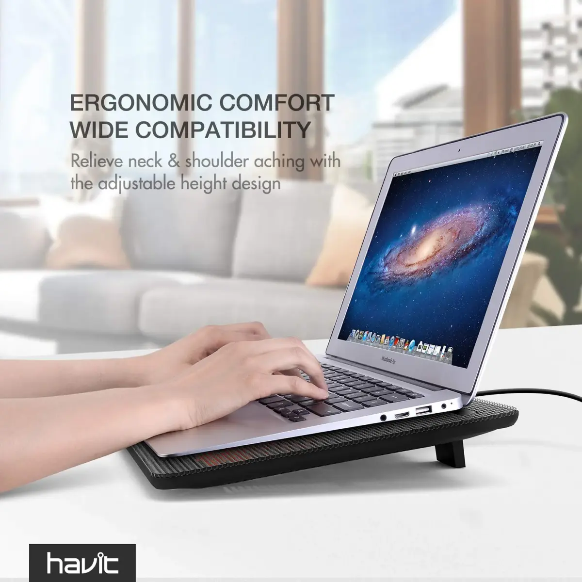 havit HV-F2056 Laptop Cooling Pad for 15.6-17 Inch Laptops, Black | 3 Quiet USB-Powered Fans, Ergonomic Stand - view 8