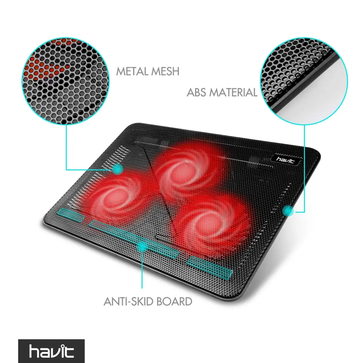 havit HV-F2056 Laptop Cooling Pad for 15.6-17 Inch Laptops, Black | 3 Quiet USB-Powered Fans, Ergonomic Stand - view 4