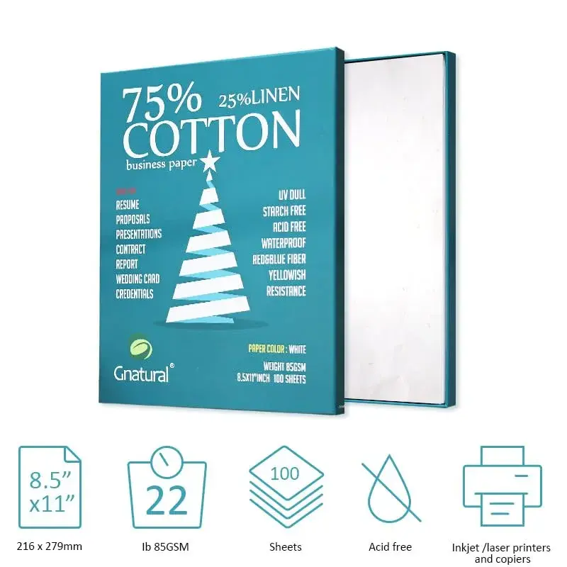 Gnatural 75% Cotton 25% Linen Paper 85gsm 21.6 x 27.9 cm (8.5"x11") White 100 Sheets | Fade-Resistant Resume Paper - view 8