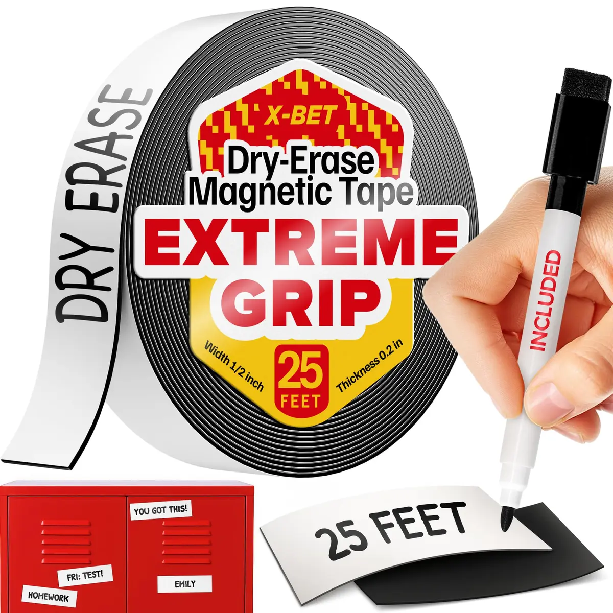 X-bet MAGNET Dry Erase Magnetic Strips 2.5cm x 7.6m (1in x 25ft) | Write-On Flexible Magnetic Tape for Organization - main product image