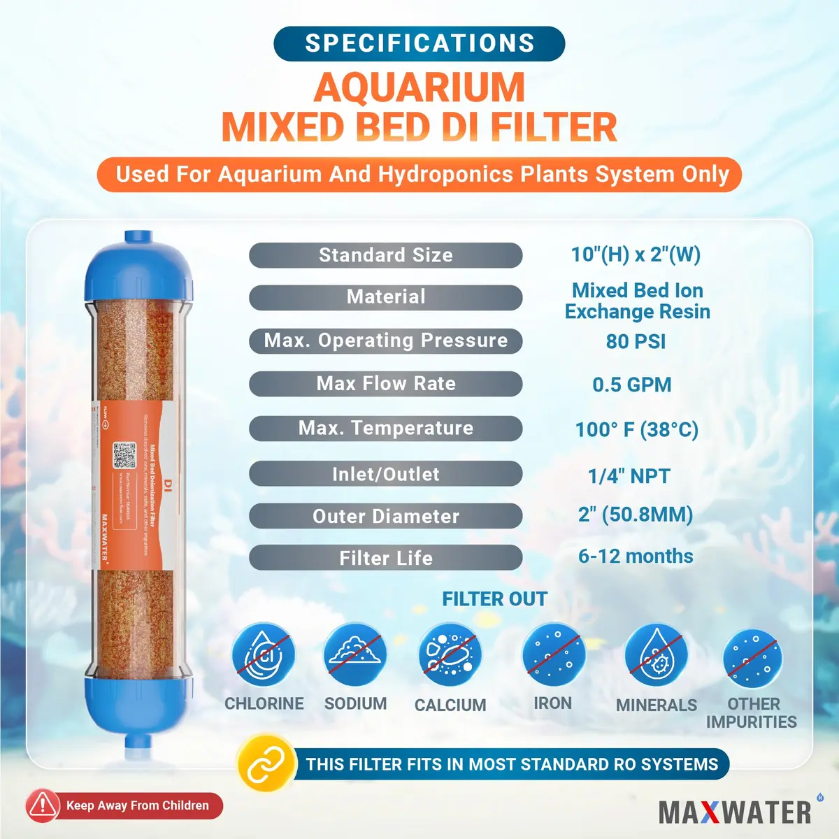 Max Water Mixed Bed Ion Exchange RODI Aquarium Filter Resin Replacement Cartridge | Produces 0 ppm TDS (70-120c) - view 3