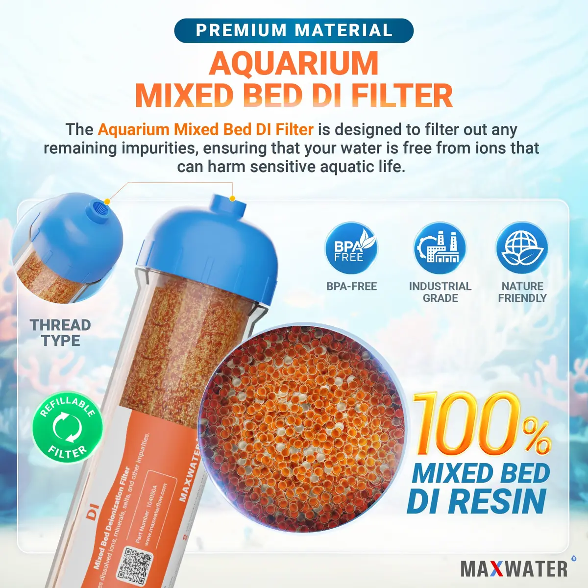 Max Water Mixed Bed Ion Exchange RODI Aquarium Filter Resin Replacement Cartridge | Produces 0 ppm TDS (70-120c) - view 4