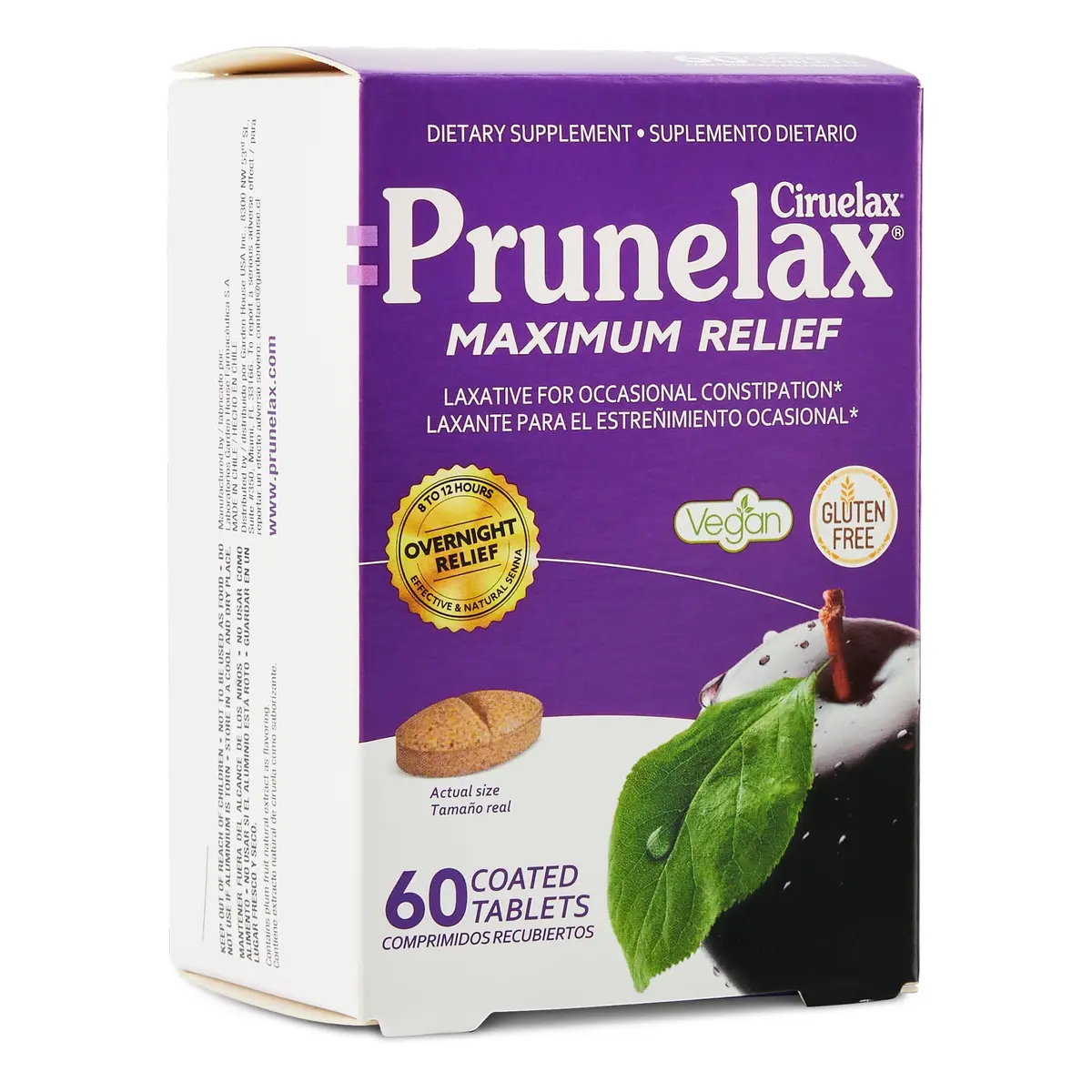 Prunelax Ciruelax Maximum Relief Laxative Tablets with Natural Senna for Occasional Constipation, Senna Extract, Vegan & Gluten-Free, Gentle Overnight Relief - 60ct | Natural Senna Relief - main product image