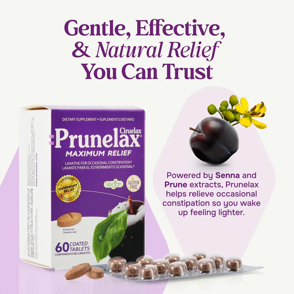 Prunelax Ciruelax Maximum Relief Laxative Tablets with Natural Senna for Occasional Constipation, Senna Extract, Vegan & Gluten-Free, Gentle Overnight Relief - 60ct | Natural Senna Relief - view 2