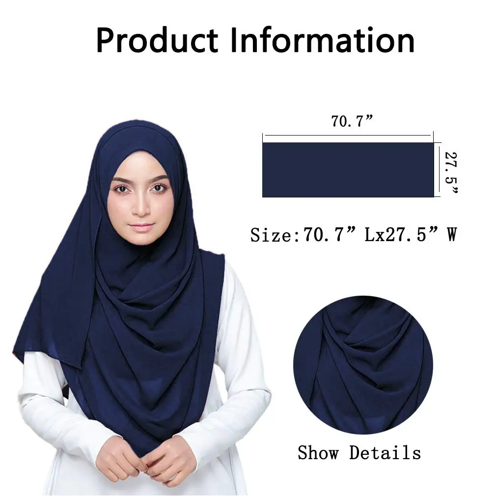 LMVERNA Plain Chiffon hijab Thick Chiffon Muslim fashion Long Scarf wrap scarves (Navy blue) | Soft & Lightweight - view 2