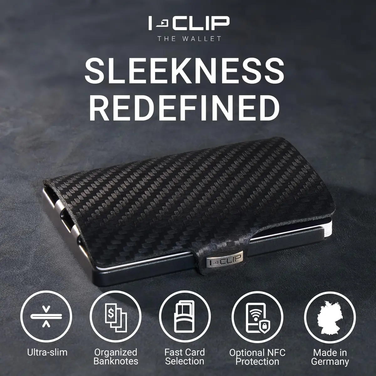 I-CLIP Premium Leather Wallet for Men, Gunmetal Black Carbon, 12 Cards | German-Engineered Slim Minimalist Design - view 2