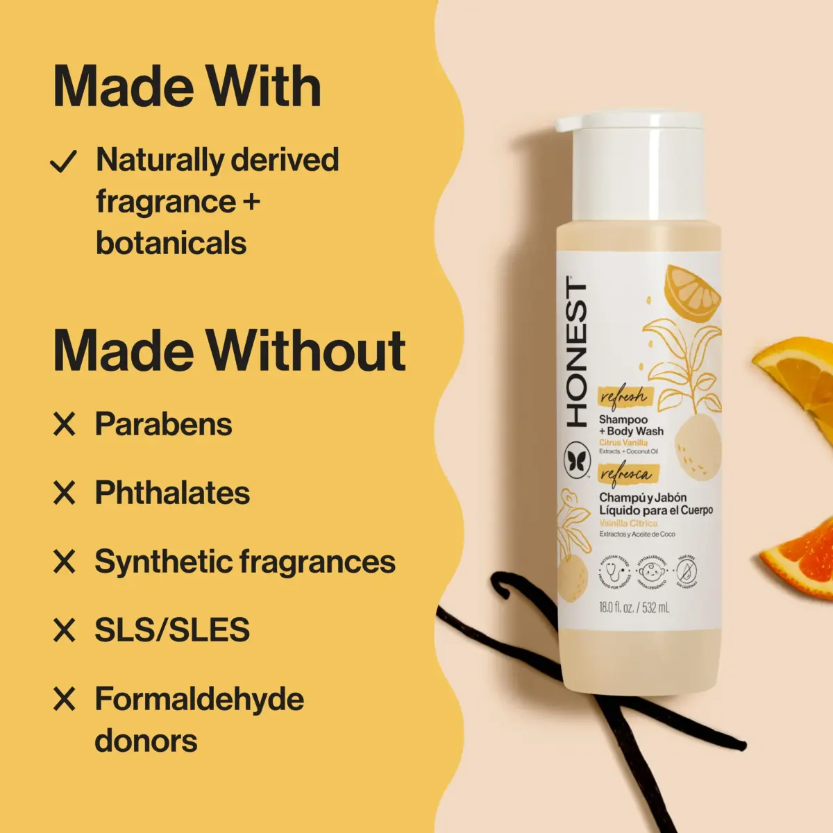 The Honest Company Citrus Vanilla Refresh 2-in-1 Shampoo & Body Wash 530ml (18 fl oz) | Gentle, Tear-Free, Hypoallergenic - view 4