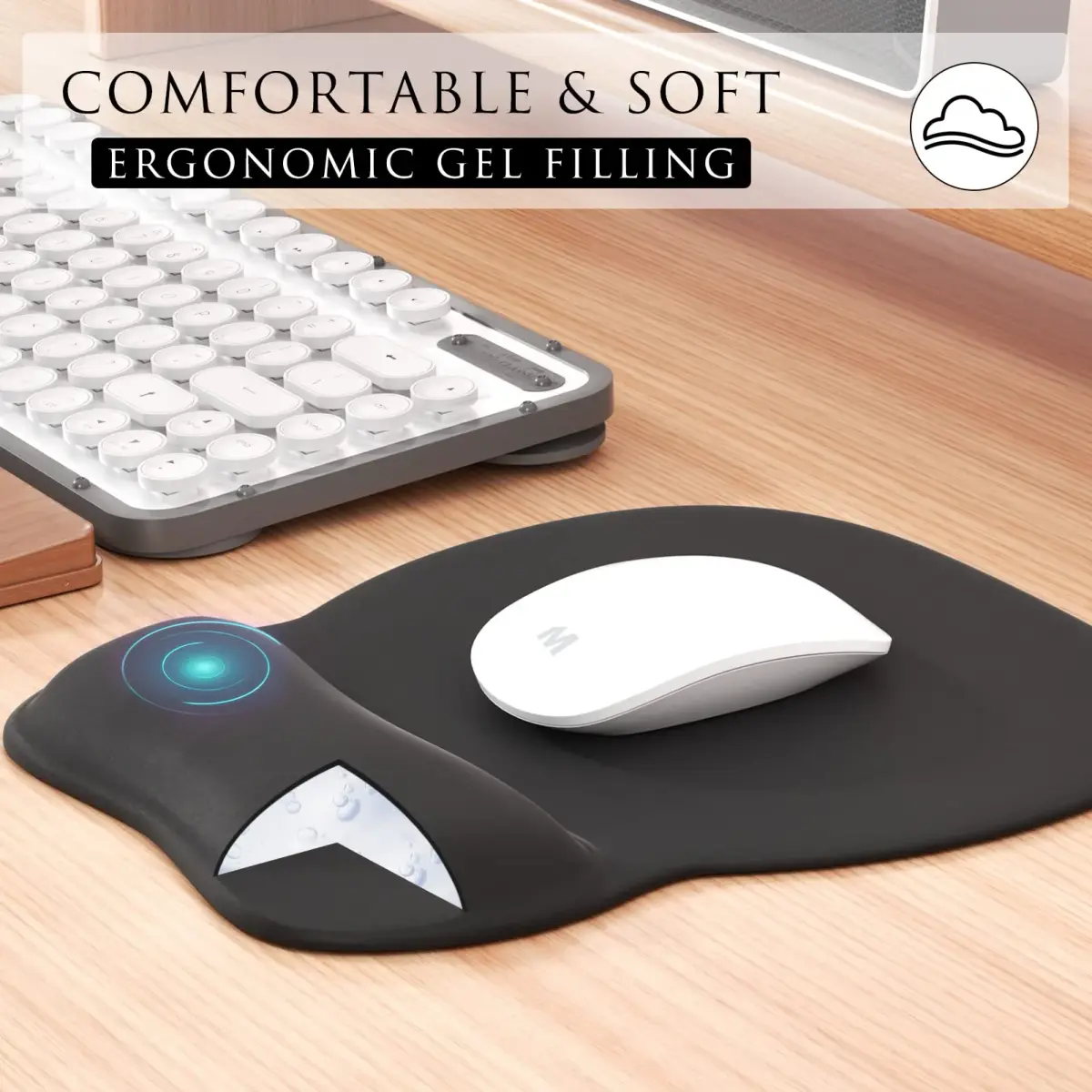 MROCO Ergonomic Mouse Pad with Gel Wrist Rest, 24cm (9.4 in) x 20.5cm (8.1 in), Black | Smooth Lycra Surface & Non-Slip Base - view 4