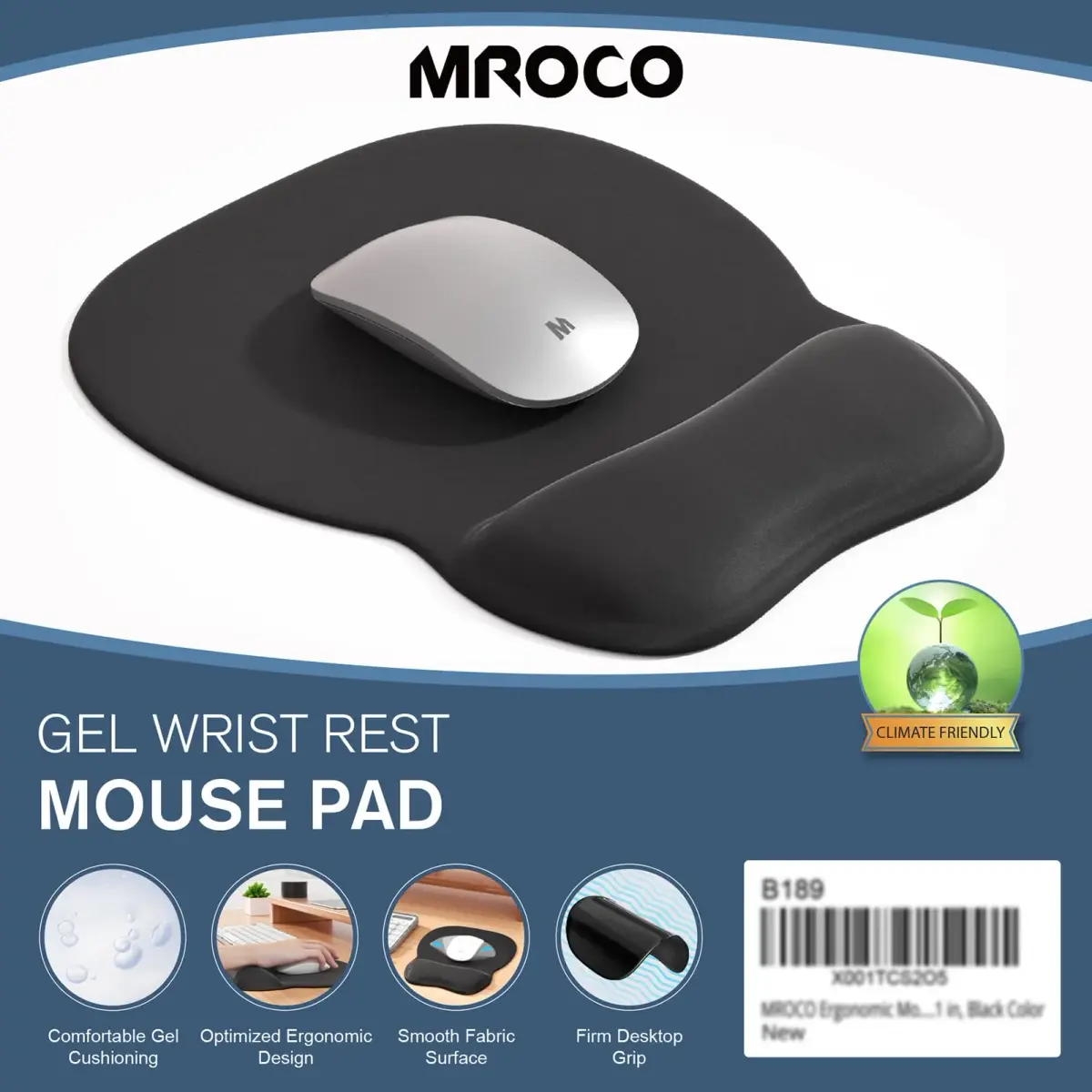 MROCO Ergonomic Mouse Pad with Gel Wrist Rest, 24cm (9.4 in) x 20.5cm (8.1 in), Black | Smooth Lycra Surface & Non-Slip Base - view 7