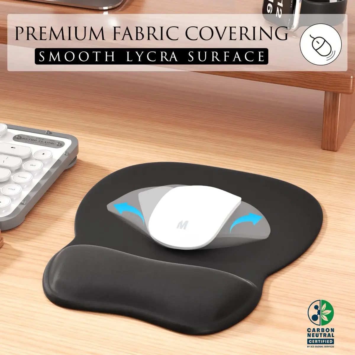 MROCO Ergonomic Mouse Pad with Gel Wrist Rest, 24cm (9.4 in) x 20.5cm (8.1 in), Black | Smooth Lycra Surface & Non-Slip Base - view 2