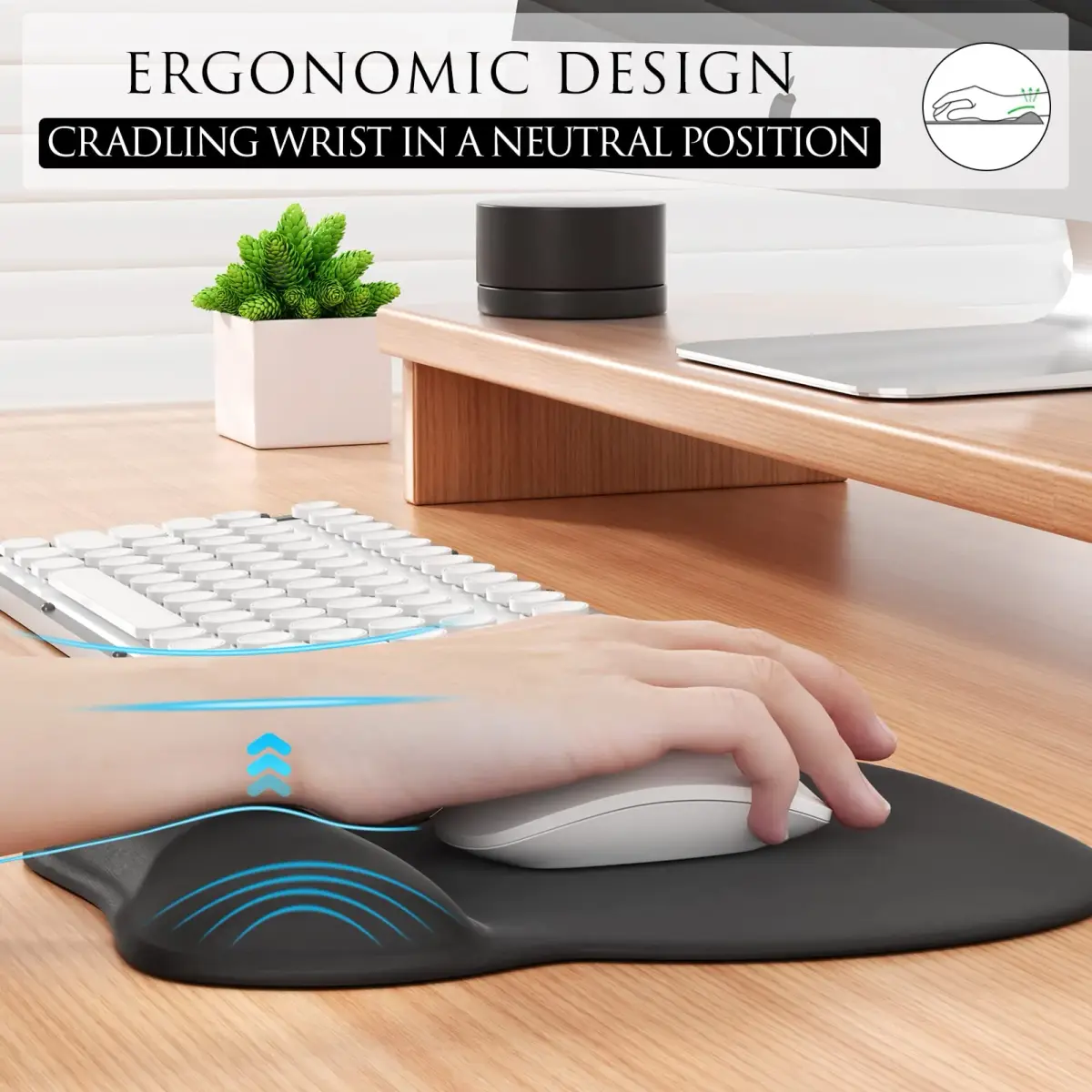 MROCO Ergonomic Mouse Pad with Gel Wrist Rest, 24cm (9.4 in) x 20.5cm (8.1 in), Black | Smooth Lycra Surface & Non-Slip Base - view 3