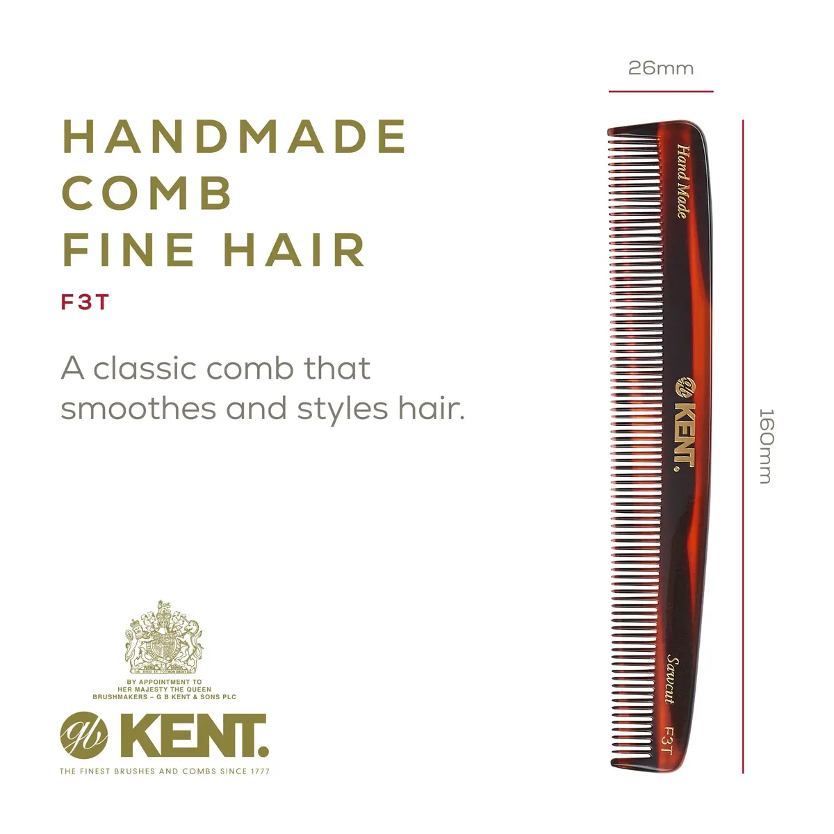 Kent F3T Tortoise Fine Tooth Comb 6.25 Inch | Hand Polished, Made in England - view 2