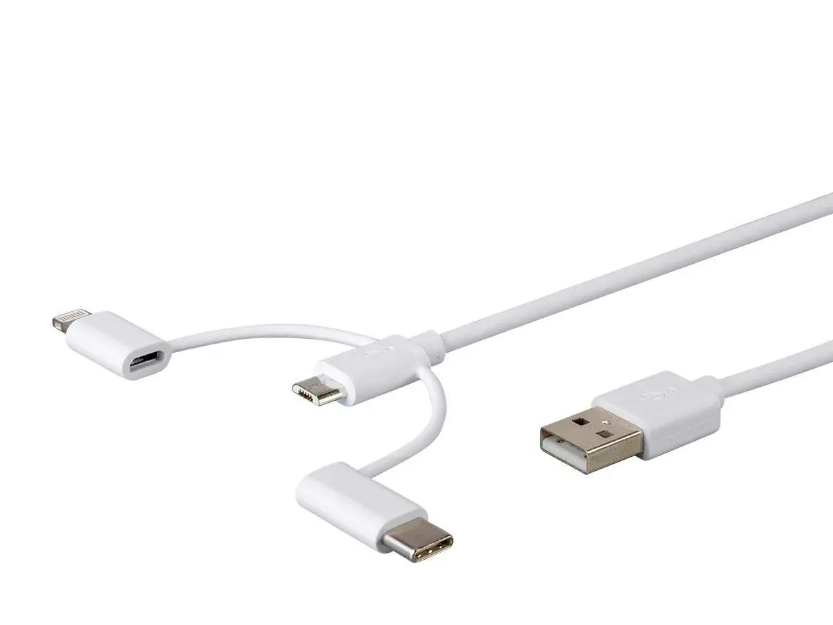 Monoprice 3-in-1 Multiport USB to Micro USB + USB-C + Lightning Charging Cable - 3 Feet, White - main product image