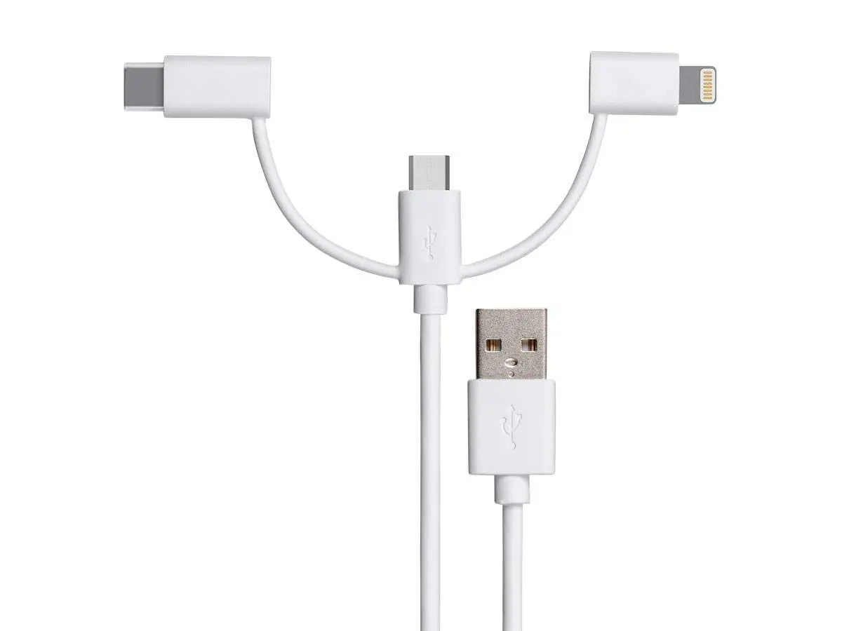 Monoprice 3-in-1 Multiport USB to Micro USB + USB-C + Lightning Charging Cable - 3 Feet, White - view 2