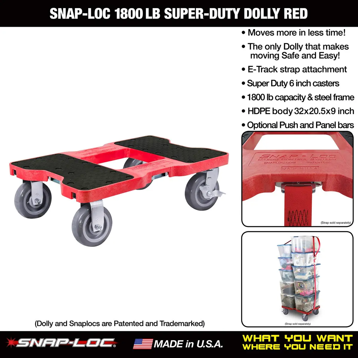 Snap-Loc Super-Duty Dolly 1800 lb Capacity Heavy Duty Material Handling Equipment with Built-in E-Track, 6 in Polyurethane Swivel Casters, Made in USA, Red - view 2