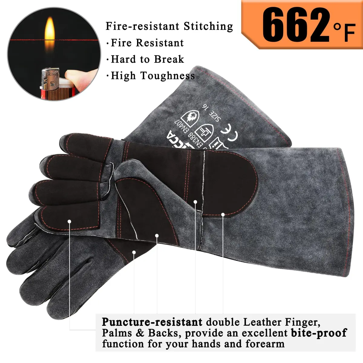 RAPICCA Animal Handling Gloves, Bite Proof Double Leather, 16 in (40.6 cm) Grey-Black | Professional Protection for Vets & Handlers - view 5