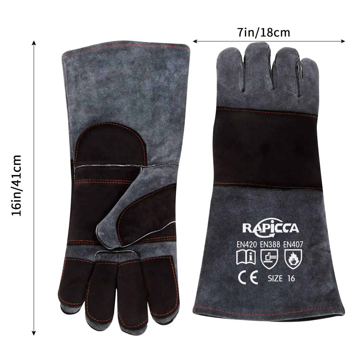 RAPICCA Animal Handling Gloves, Bite Proof Double Leather, 16 in (40.6 cm) Grey-Black | Professional Protection for Vets & Handlers - view 9