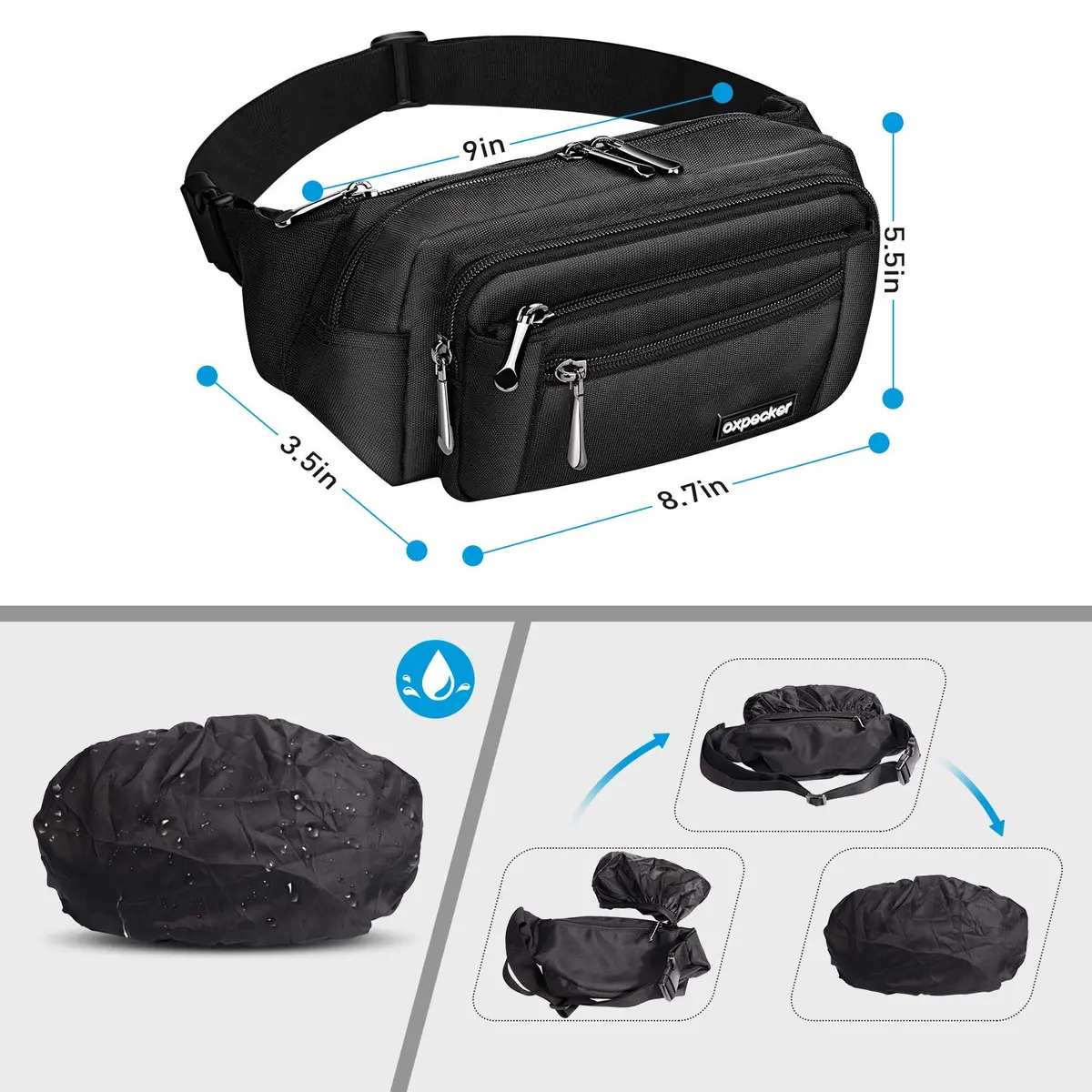 Oxpecker Waist Pack Bag Black 22.86cm (9in) | 5 Pockets, Waterproof, Adjustable Strap - view 6