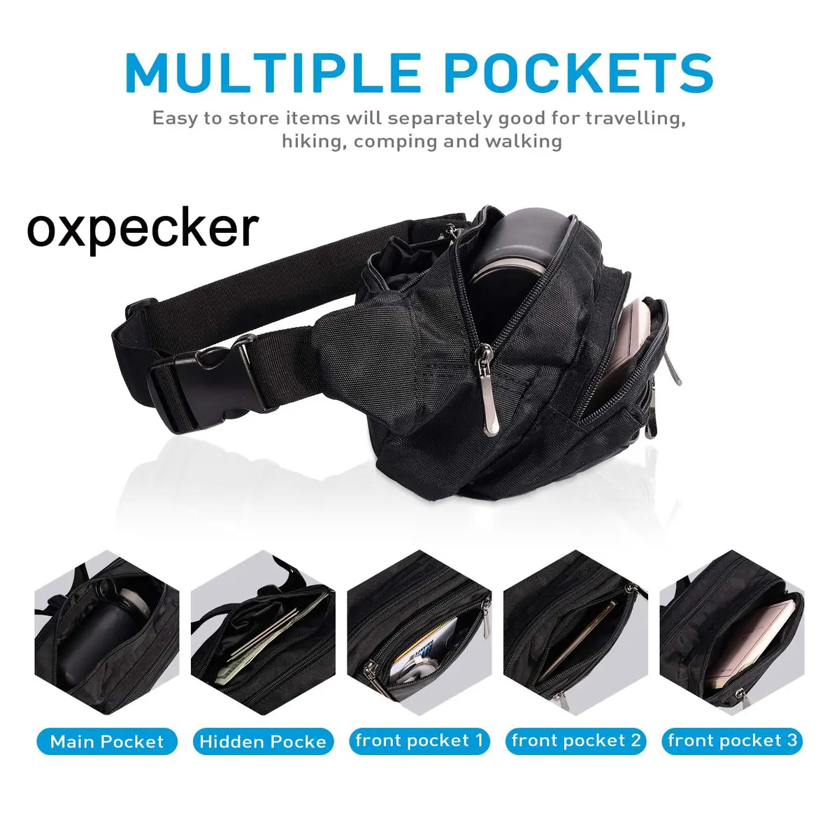 Oxpecker Waist Pack Bag Black 22.86cm (9in) | 5 Pockets, Waterproof, Adjustable Strap - view 2