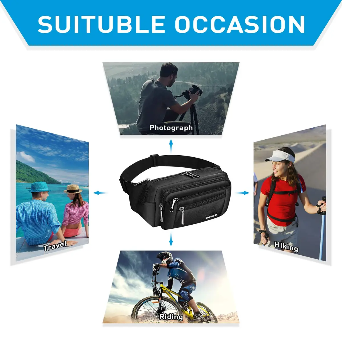 Oxpecker Waist Pack Bag Black 22.86cm (9in) | 5 Pockets, Waterproof, Adjustable Strap - view 3