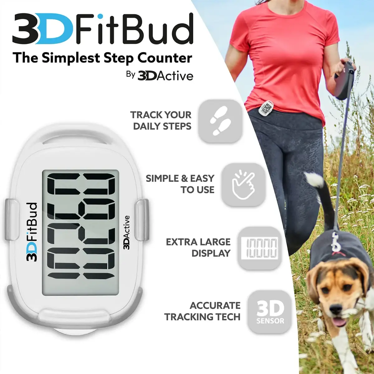 3DActive 3DFitBud Simple Step Counter Pedometer with Clip & Lanyard | Accurate 3D Tri-Axis Sensor - view 2