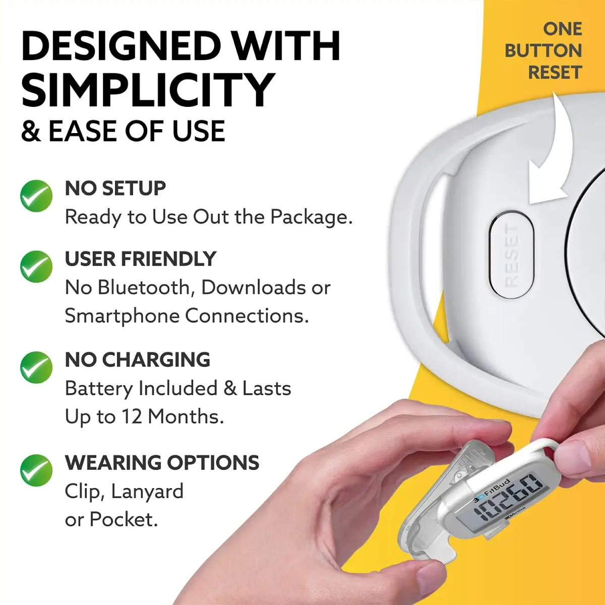 3DActive 3DFitBud Simple Step Counter Pedometer with Clip & Lanyard | Accurate 3D Tri-Axis Sensor - view 3