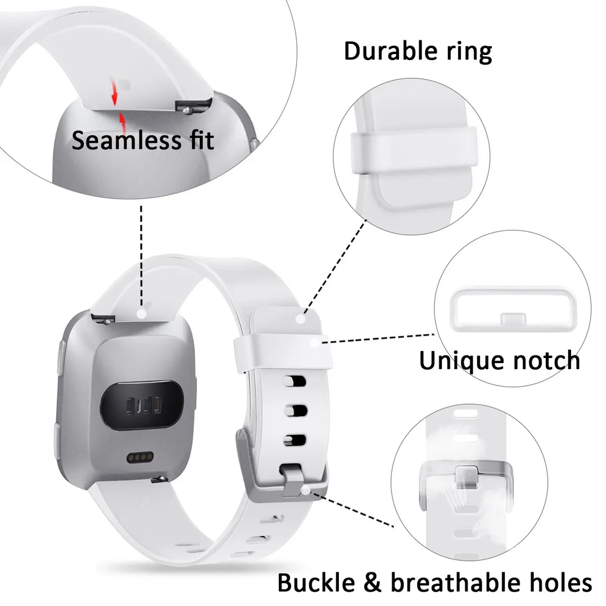 Wepro Sport Bands for Fitbit Versa 2, Versa Lite, Versa — Small 140mm (5.5"-7.2") White | Adjustable, Sweat-Resistant Elastomer Strap - view 4