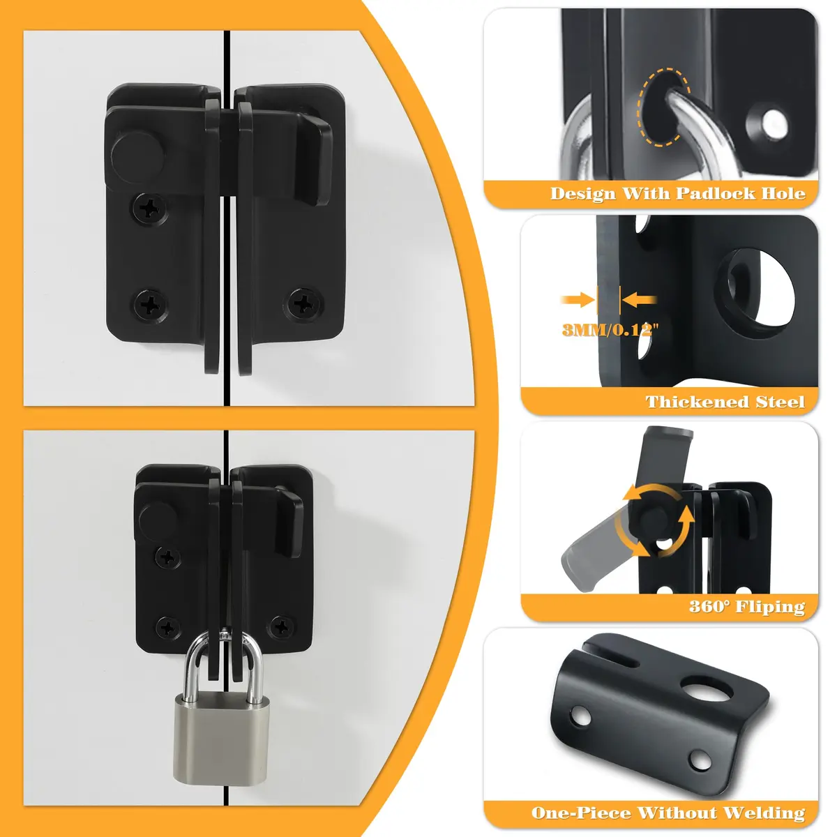 Alise Black Flip Latch Gate Latch, Shed Door Lock, Barn Door Lock, L-Size | Heavy Duty Stainless Steel - view 5