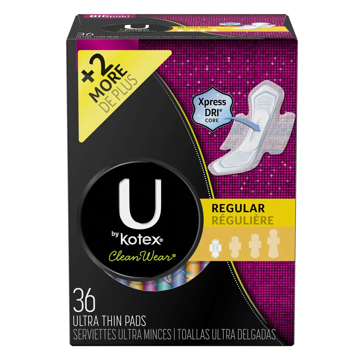 U by Kotex CleanWear Ultra Thin Pads with Wings, Regular, 36 Count | Fragrance-Free Protection for Sensitive Skin - main product image