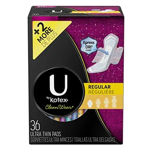 U by Kotex CleanWear Ultra Thin Pads with Wings, Regular, 36 Count | Fragrance-Free Protection for Sensitive Skin - main product image