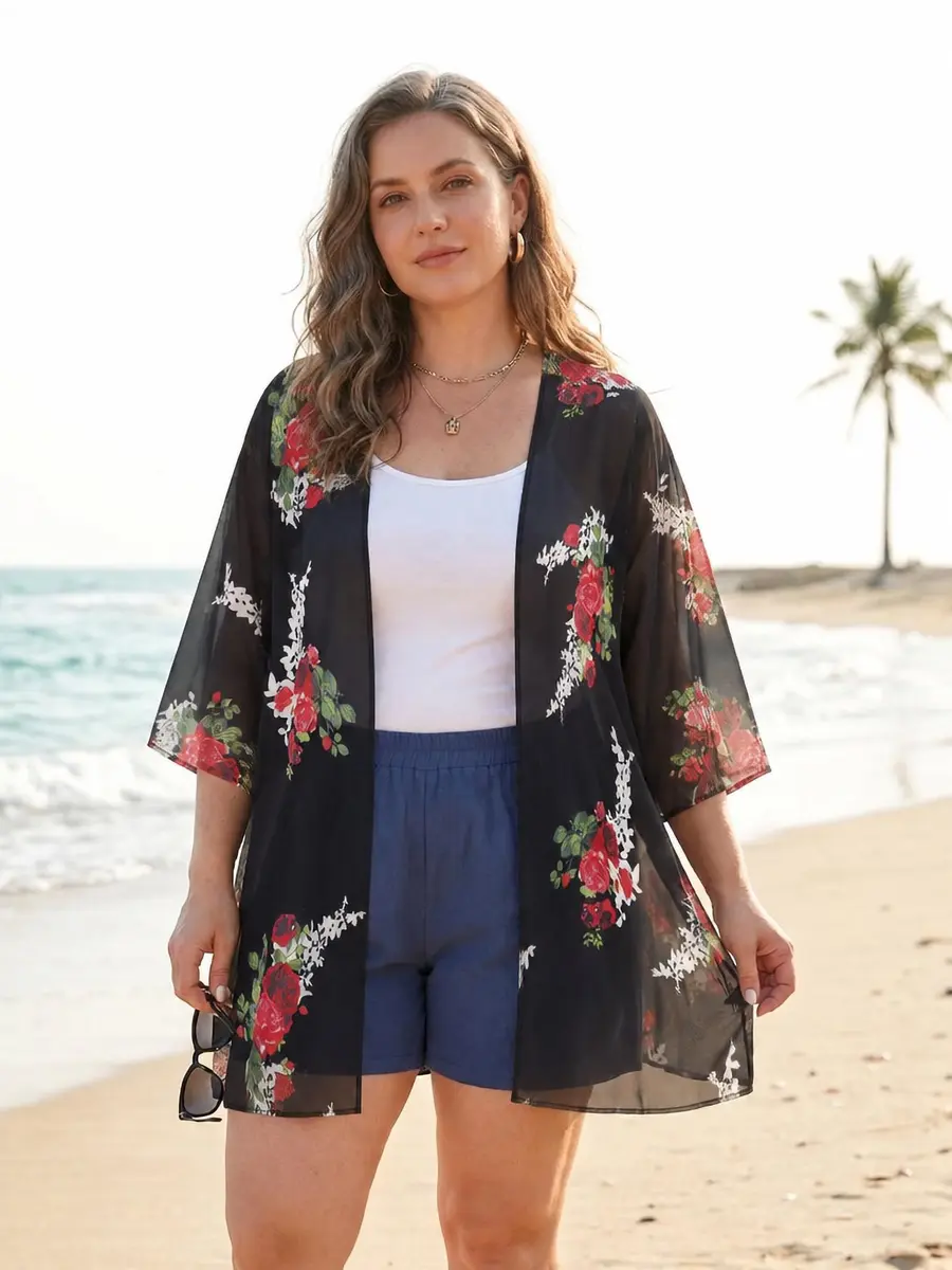 CHICGAL Women's Floral Kimono Cardigan Cover Up Casual Tops,Black Floral,S - view 6