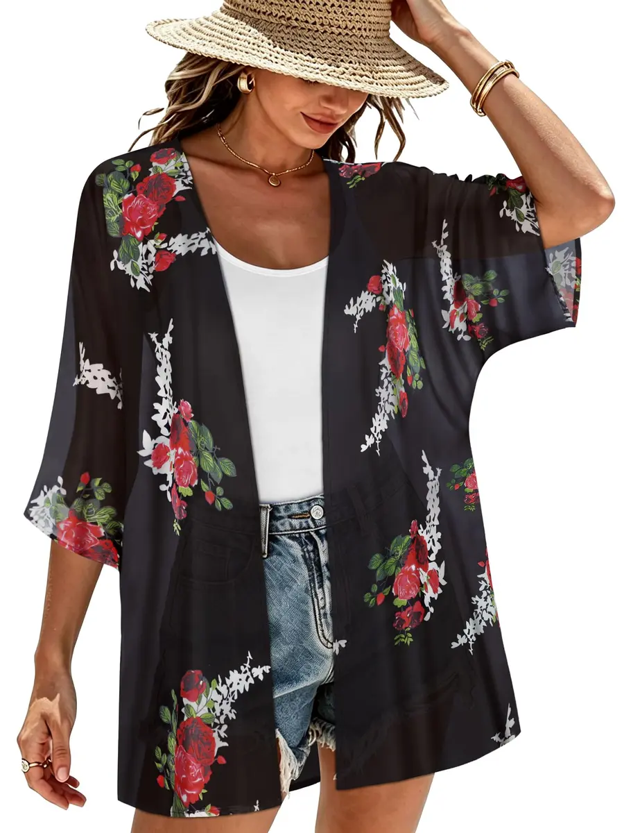 CHICGAL Women's Floral Kimono Cardigan Cover Up Casual Tops,Black Floral,M - main product image