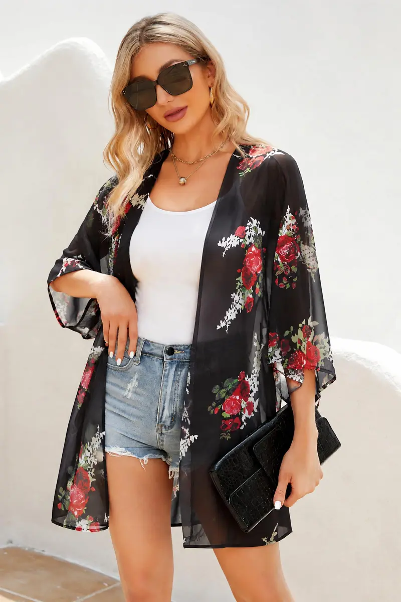 CHICGAL Women's Floral Kimono Cardigan Cover Up Casual Tops,Black Floral,M - view 2