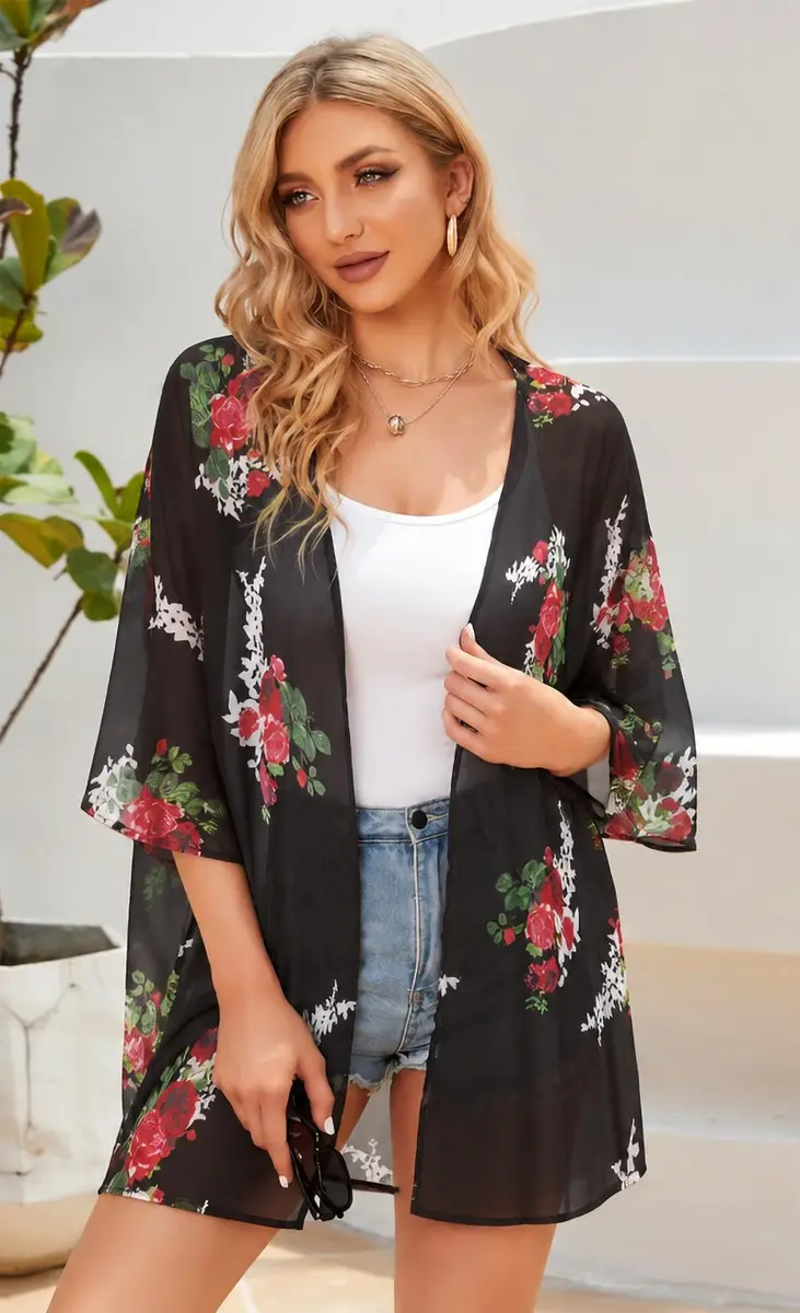 CHICGAL Women's Floral Kimono Cardigan Cover Up Casual Tops,Black Floral,M - view 3