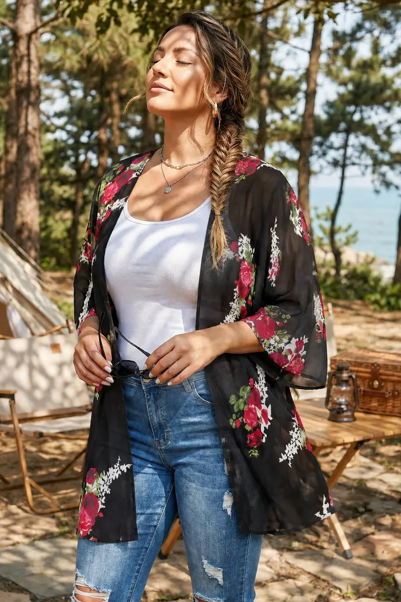 CHICGAL Women's Floral Kimono Cardigan Cover Up Casual Tops,Black Floral,M - view 4