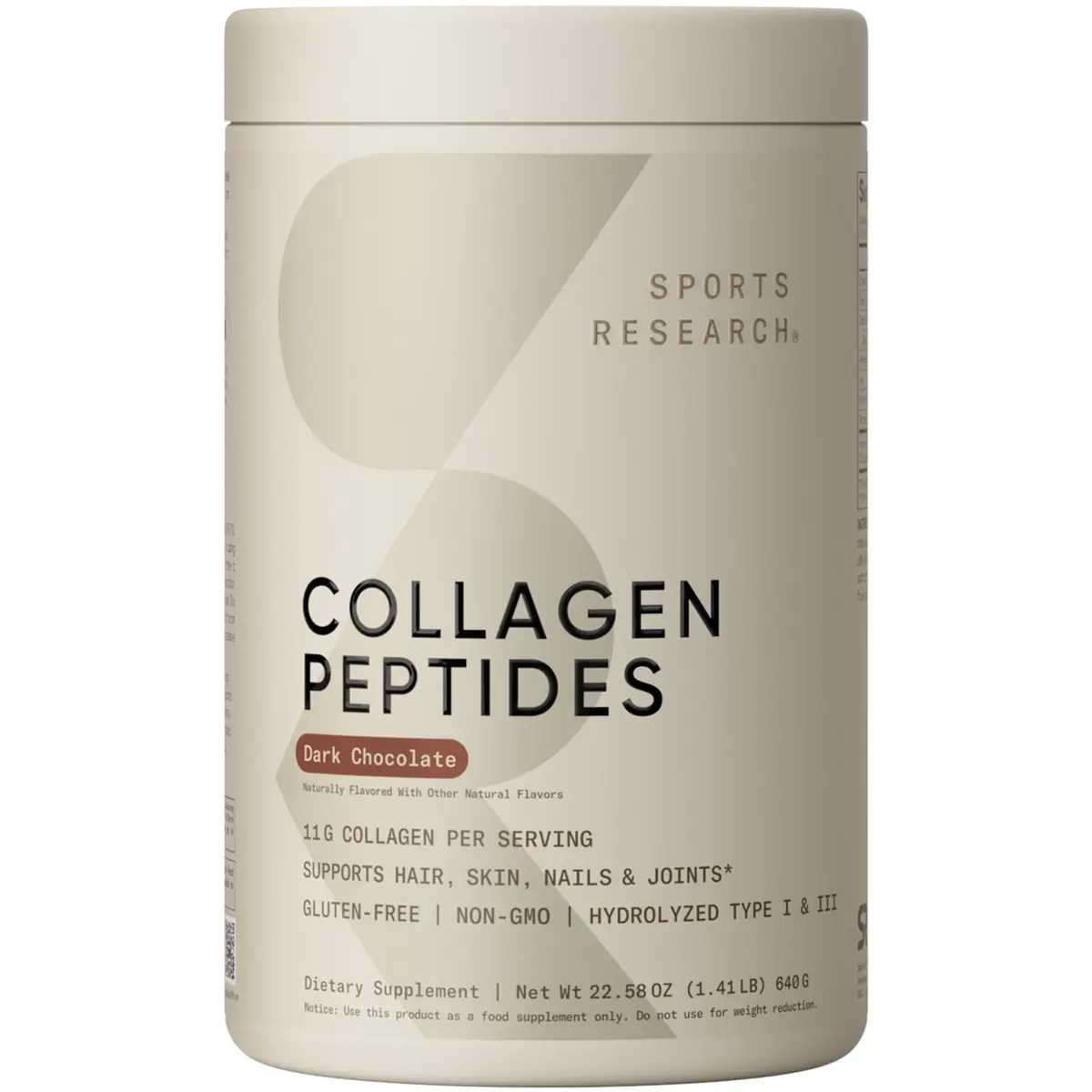Sports Research Collagen Peptides Protein Powder, Dark Chocolate | 11g Type I & III Collagen, 18 Amino Acids, Hydrolyzed, 1.41lb - main product image