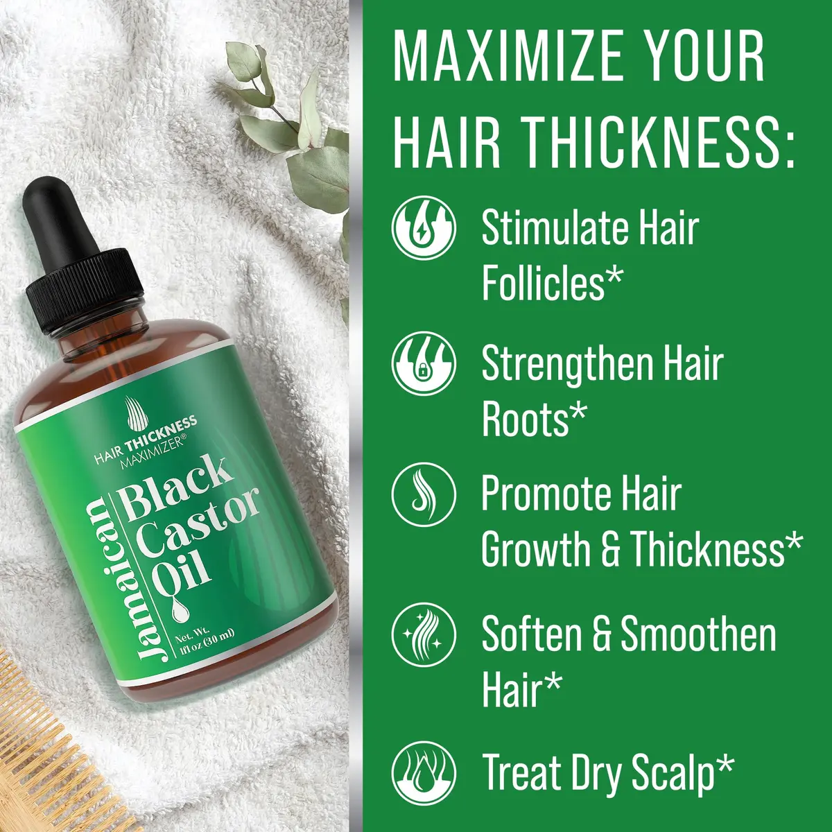 Hair Thickness Maximizer Organic Jamaican Black Castor Oil for Hair Growth 30ml (1 Fl Oz) | Vegan, Cruelty-Free Scalp Treatment - view 3