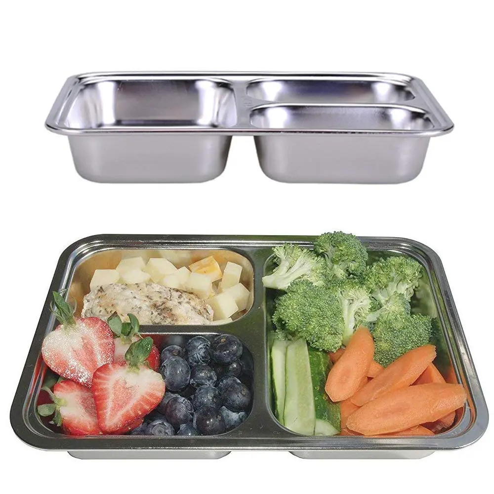 AIYoo Set of 2 Stainless Steel Divided Plates Tray 3 Sections 9.5 inch | Unbreakable Metal Plate for Adults - main product image