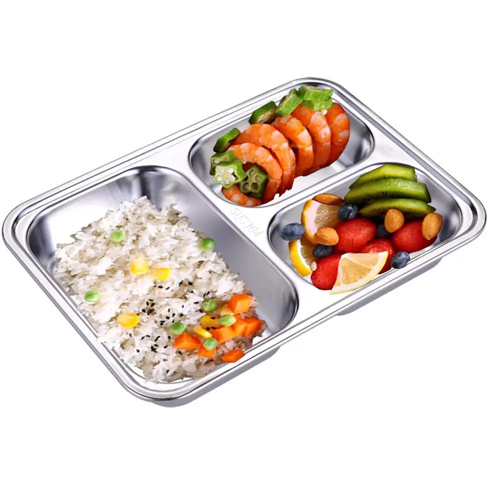 AIYoo Set of 2 Stainless Steel Divided Plates Tray 3 Sections 9.5 inch | Unbreakable Metal Plate for Adults - view 4