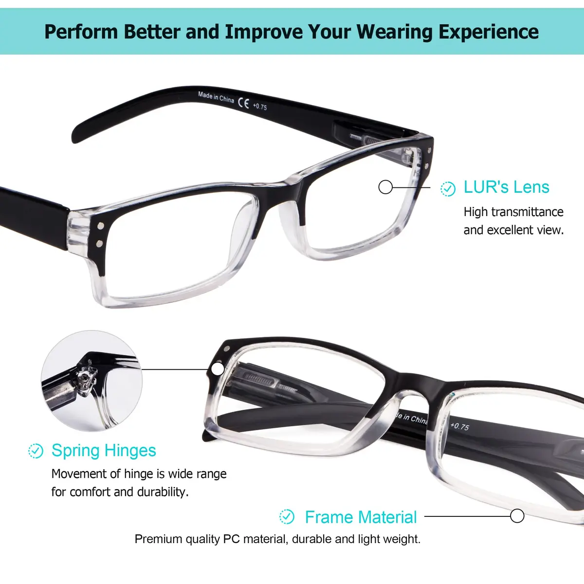 LUR Reading Glasses 4 Pack Include Sun Readers | Classic Fashion Frames for Men & Women - view 3