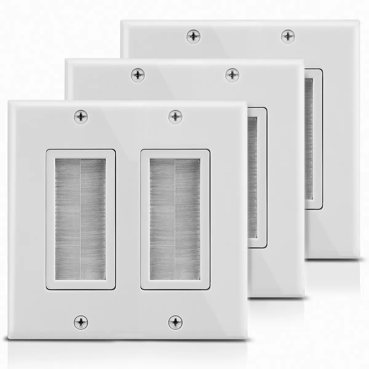 Fosmon 2-Gang Wall Plate, Brush Style Opening Passthrough Low Voltage Cable Plate in-Wall Installation for Speaker Wires, Coaxial, HDMI, Network - 3 PACK - main product image