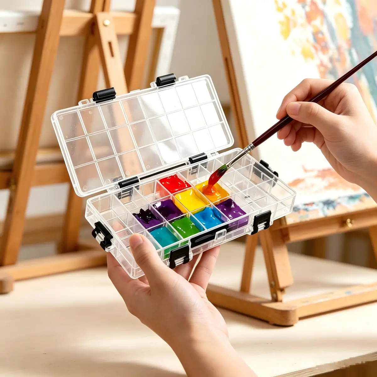 joybest Watercolor Palette Box 24-Well | Airtight Leak Proof Travel Case for Watercolors, Acrylic, Gouache & Oil Paint (6.41x3.26x0.86 in) - view 3