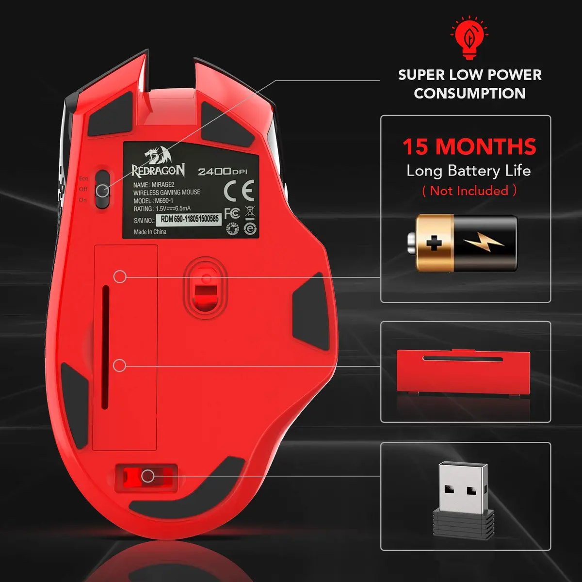 Redragon M690-1 Wireless Optical Gaming Mouse 2400 DPI Remapping Keys | 5 DPI Levels, 8 Buttons, 2.4G Wireless - view 6