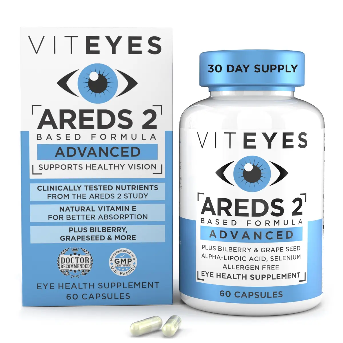 Viteyes AREDS 2 Advanced Macular Support with Bilberry, Grape Seed, Lutein, Selenium, Natural Vitamin E, Allergen Free, Eye Vitamins for Vision Support, 60 Count | Supports Macular Health - main product image