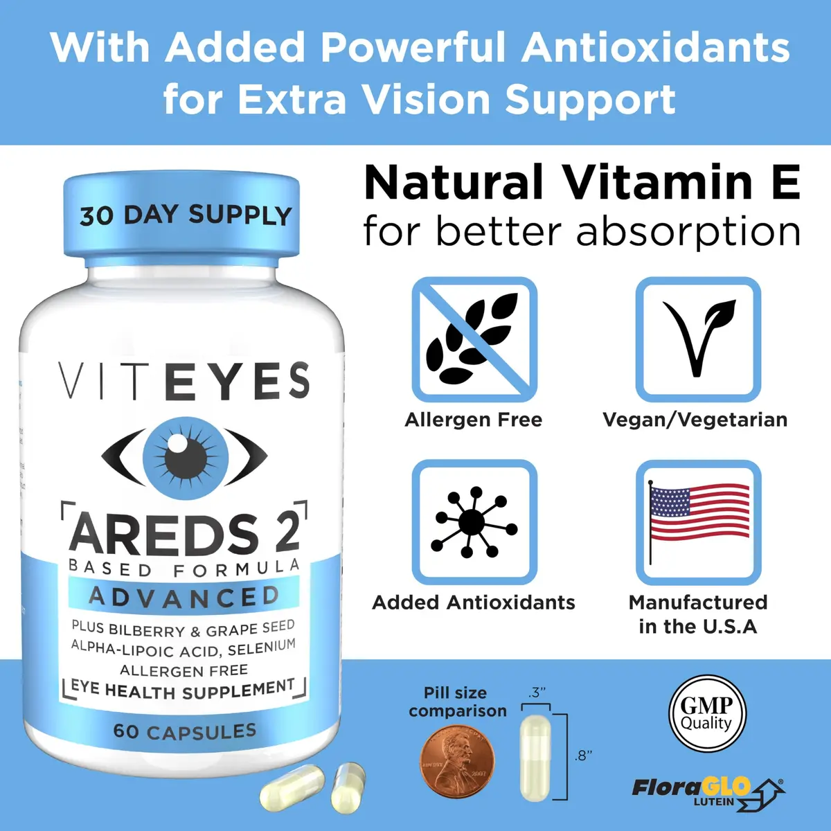 Viteyes AREDS 2 Advanced Macular Support with Bilberry, Grape Seed, Lutein, Selenium, Natural Vitamin E, Allergen Free, Eye Vitamins for Vision Support, 60 Count | Supports Macular Health - view 5