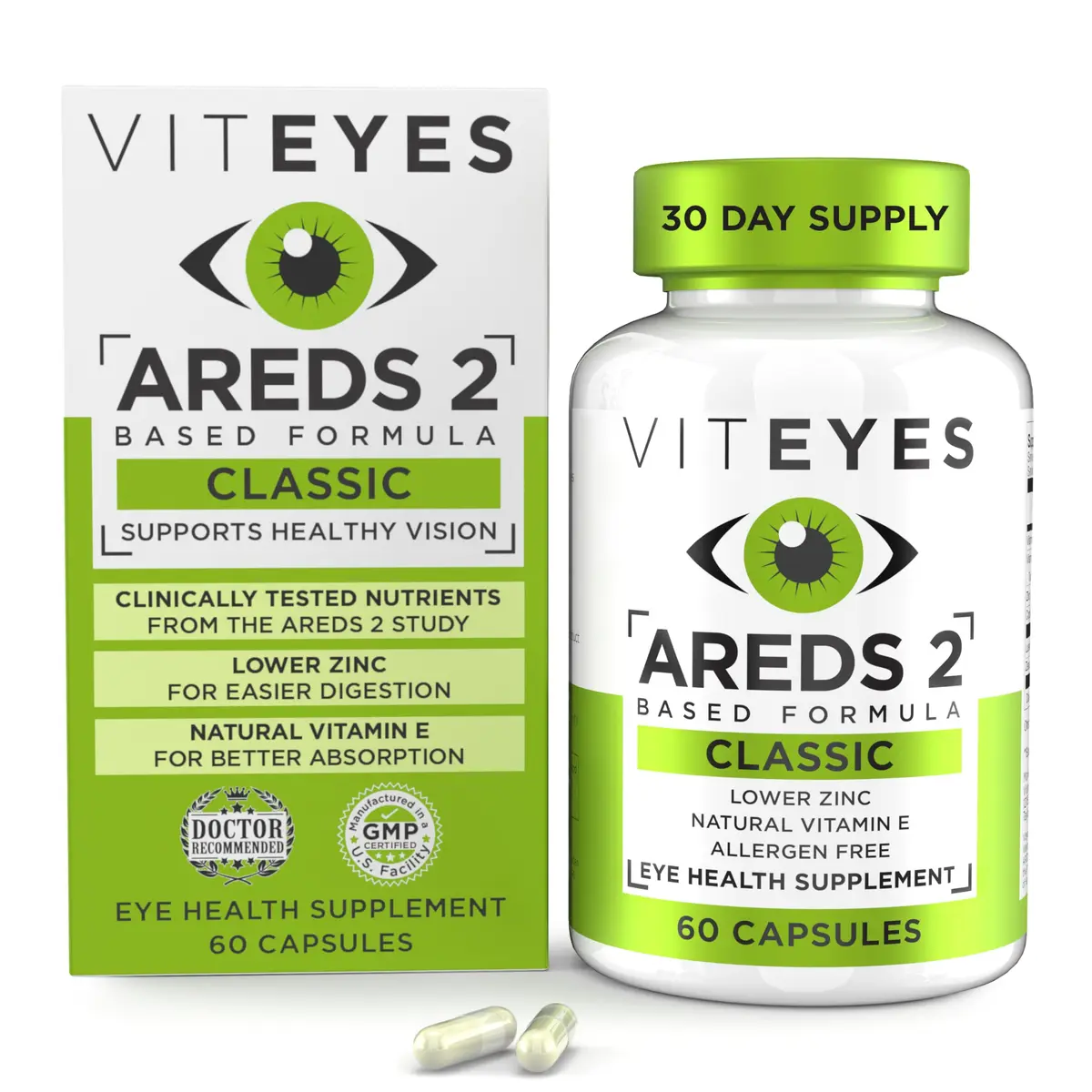 Viteyes AREDS 2 Eye Vitamins, Classic Macular Support, 60 Capsules | Allergen Free, Natural Vitamins for Eye Health - main product image